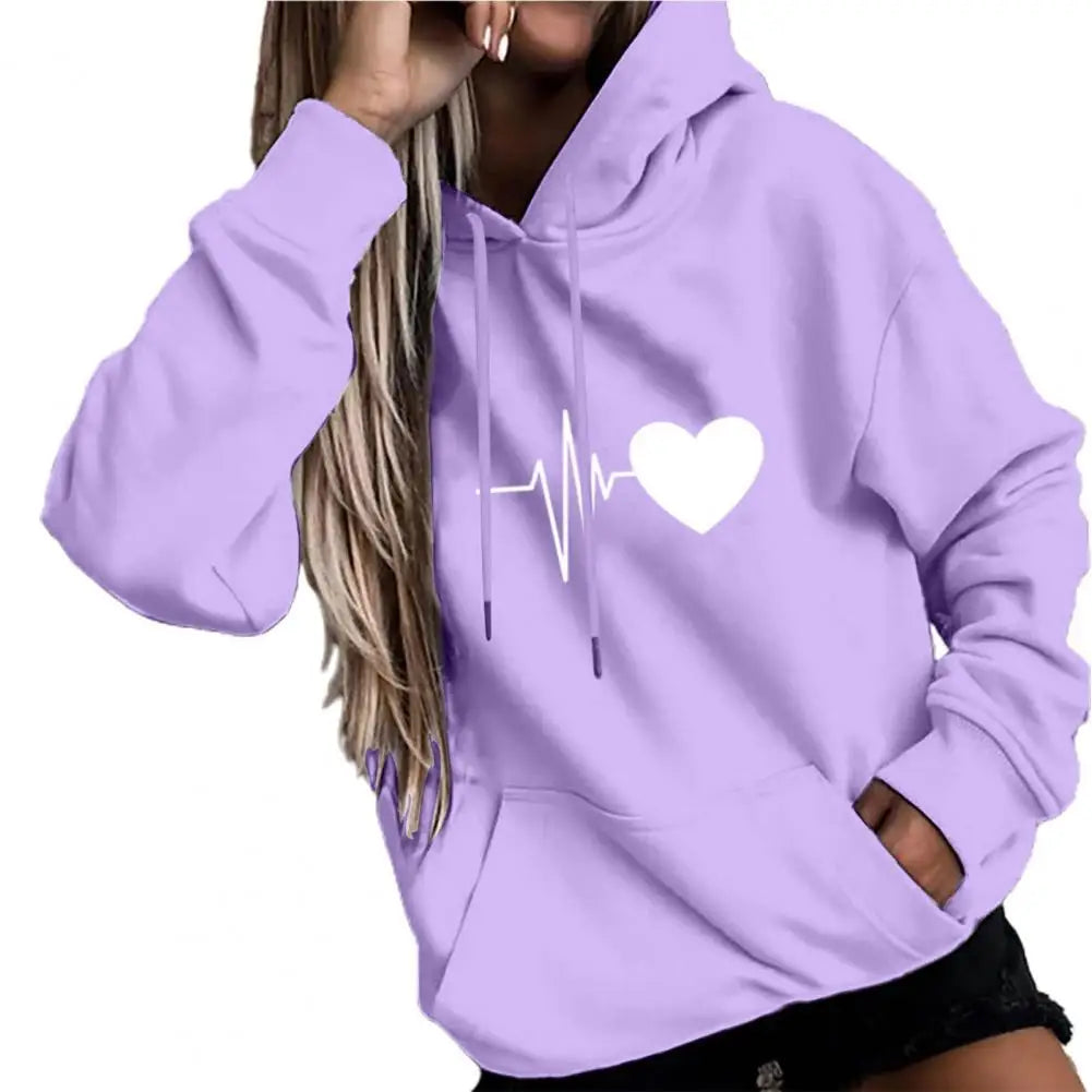 Dropshipping!! New Arrival Women Hoodie Drawstring Warm Pullover Heart Print Spring Hoodie