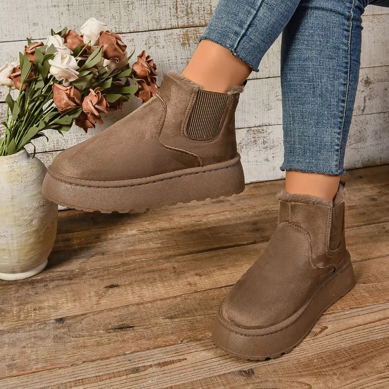 2024 Winter Women Short Plush Warm Snow Boots Casual Shoes New Suede Fur Chelsea Ankle Boots Flats Platform Ladies Shoes Botas