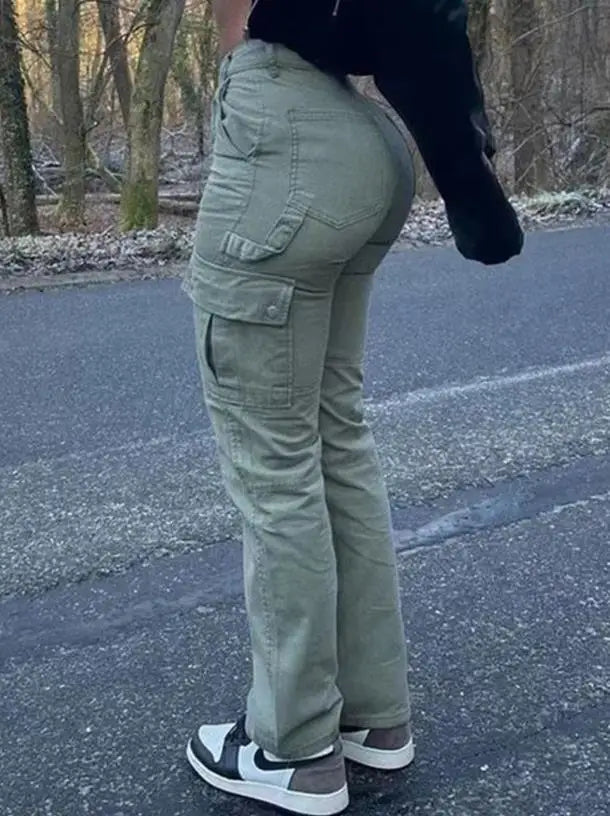 Women New Fashion Pocket Design High Waist Cargo Pants 2023 Cotton & Elastane Summer Women's Plain Daily Casual Trousers