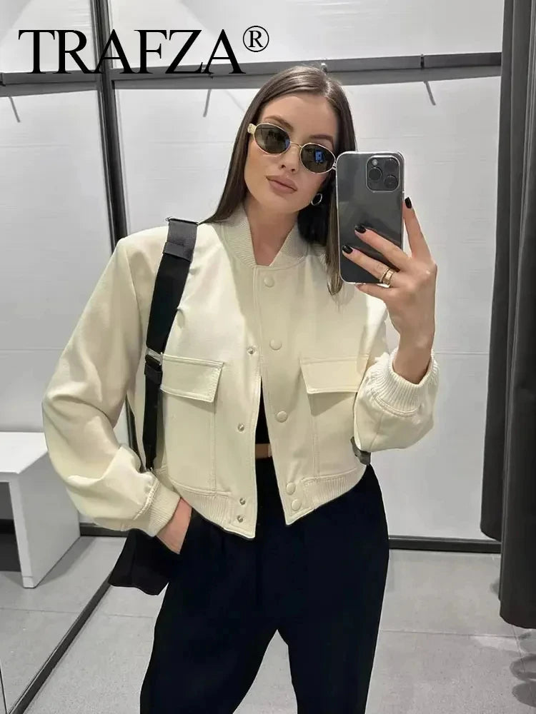 TRAFZA 2024 Woman Solid Bomber Jacket Long Sleeves Loose Single Breasted Cardigan Female Commute Streetwear Women's New In Coat