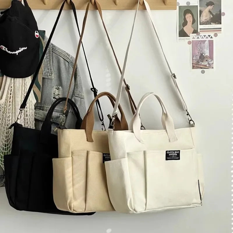 Urban Minimalist Female Student Large Capacity Commuting Horizontal Canvas Single Shoulder Diagonal Cross Portable Eco Bag