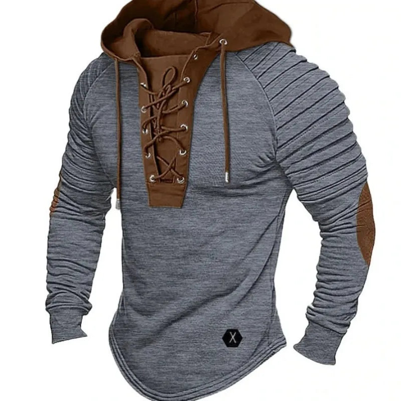 Men's Spring and Autumn Hoodie Solid Color Lace-Up Hooded, Sports Streetwear Bronzing Sweatshirt