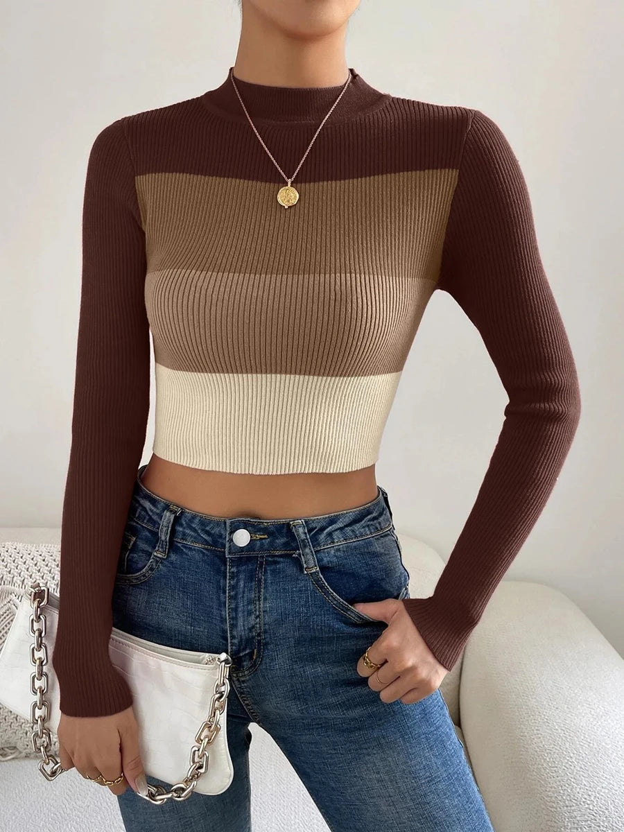 Winter To Spring Women Crop Colorblock Turtleneck Ribbed Long Sleeve Pull Sweater Femme Knitwear Jumper Outfits Pullovers