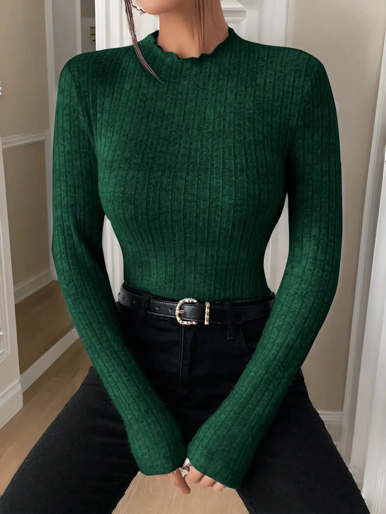 Fashion Slim Ruffle Neck Knit Long Sleeve Top, Lace Mid-Collar Women's Striped Bottom Shirt, Autumn and Winter Casual Sweater