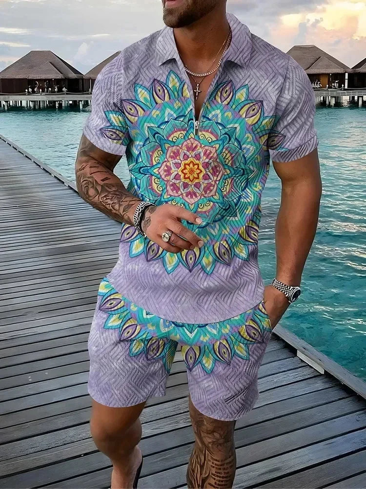 Trendy Bohemian Geometric Style 3D Printed Men's Polo Shirt Set Zipper Polo Shirt Set Zipper Collar + Shorts 2 Pieces Hawaii Hol