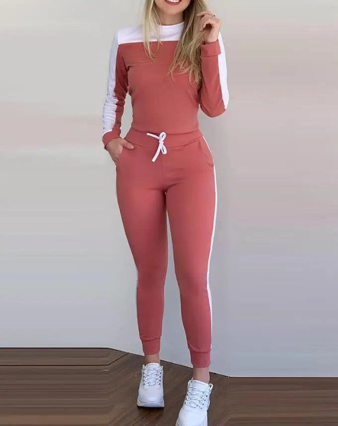 Sports Two Piece Set Women Outfit Autumn Colorblock Round Neck Long Sleeve Top & Slim Fit Elastic Waistband Lace-Up Trousers