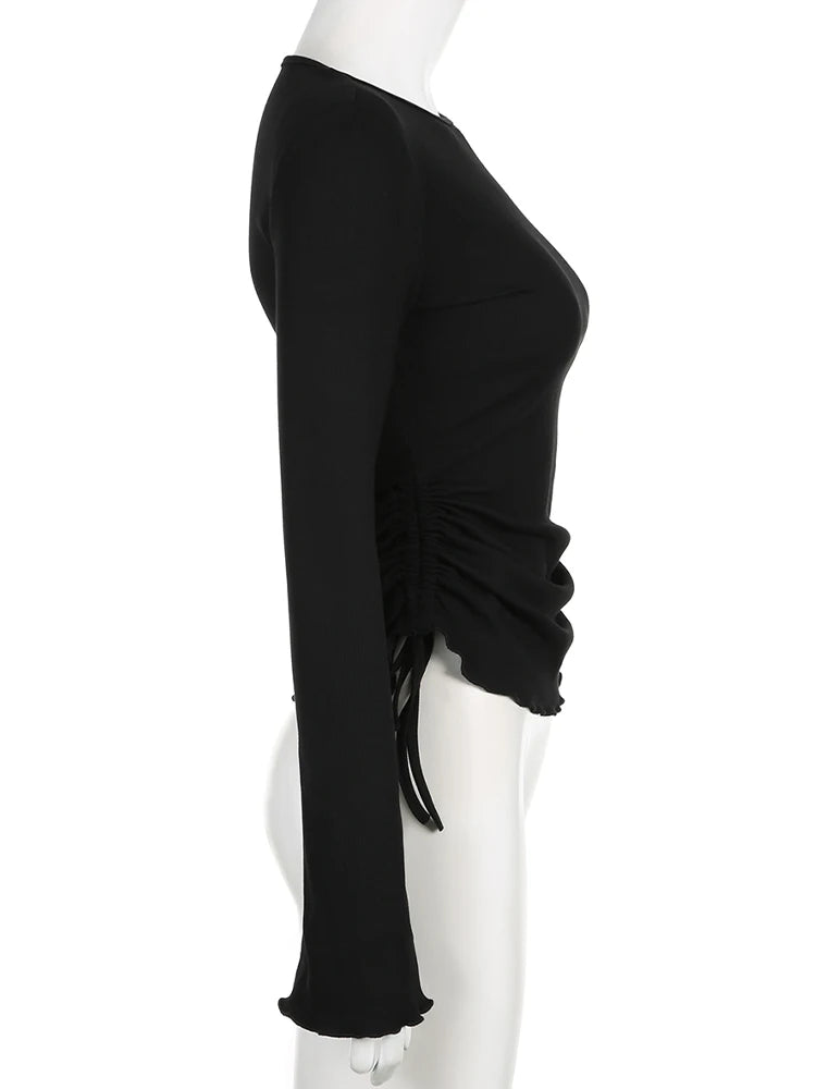 IAMSURE Elegant Fashion Drawstring Folds T Shirt Slim Solid O-Neck Long Sleeve Tees Women 2023 Autumn Winter Ladies Streetwear