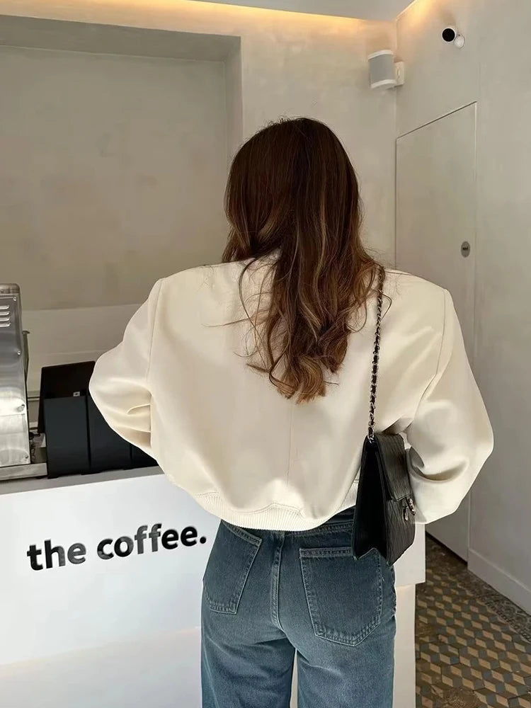 New Spring Bomber Jacket For Women Solid Stand Collar Long Sleeve Racing Jackets Female Fashion Pockets Lady Street Coats Tops