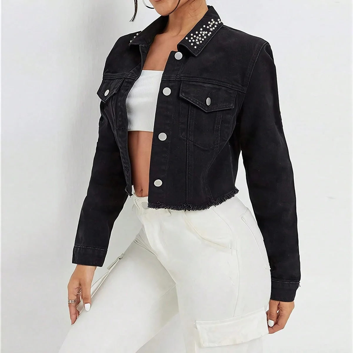 Short Denim Jacket for Women's Clothing Streetwear New Fashion 2024 Autumn Nail Bead Trendy Long Sleeves Top Coats for Female