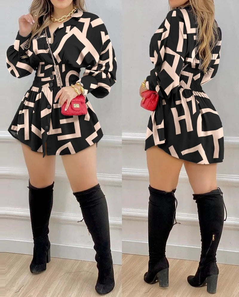 Womens Dresses 2024 Summer New Fashion Elegant Temperament Commuter Print Lantern Sleeves Pleated Long Sleeved Shirt Dress