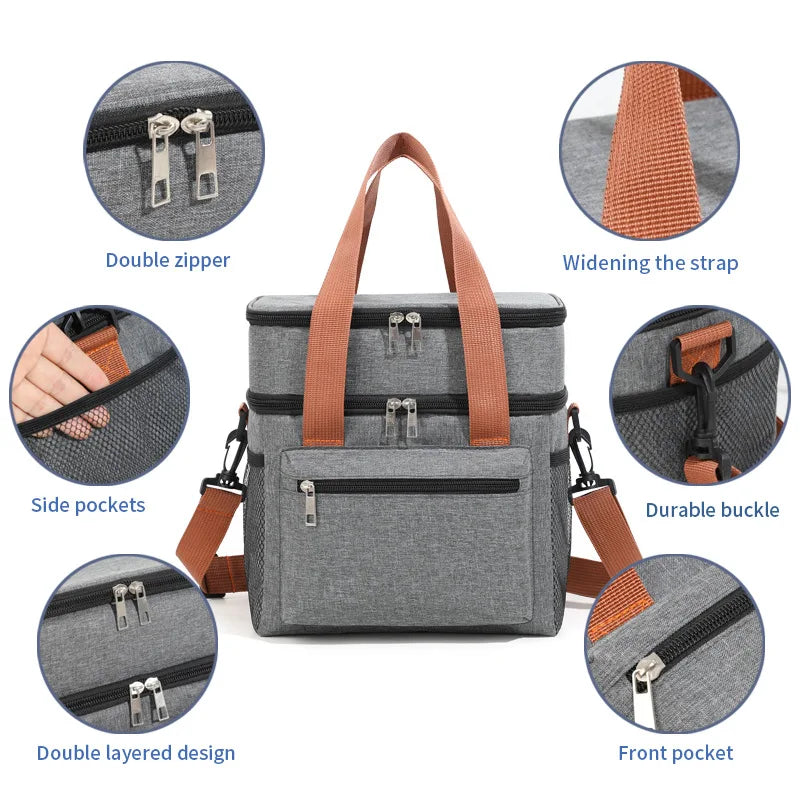 Large Capacity Double Layers Tote Cooler Lunch Bags,Thermal Insulation Picnic Bags,Waterproof Lunch Box with Shoulder Strap
