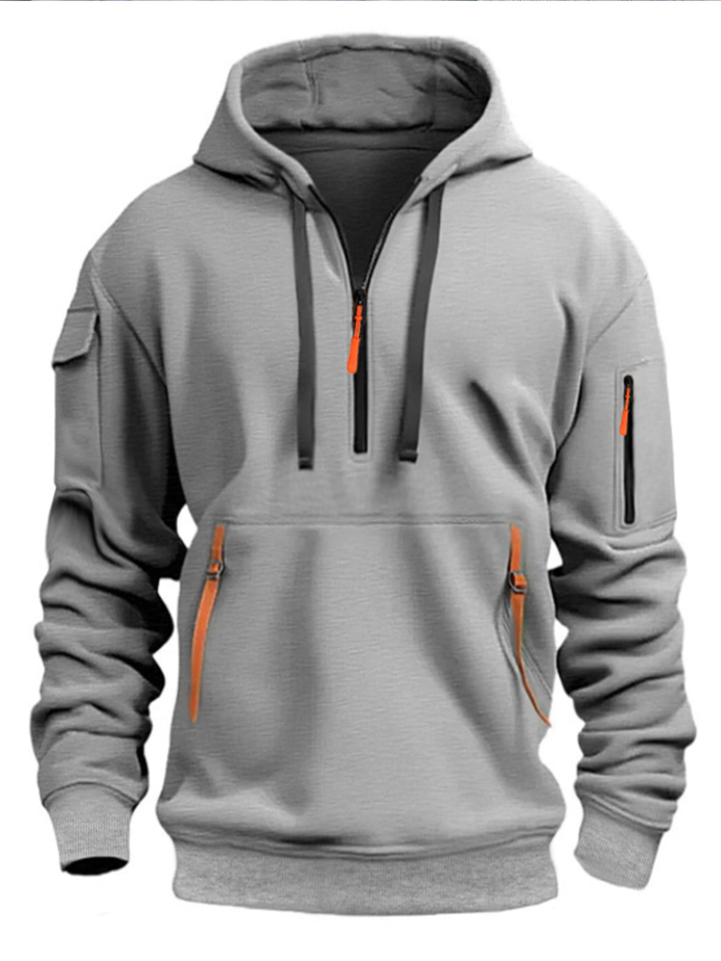 Men's casual sports hoodie, spring and autumn fashion arm pocket pull rope hooded solid color loose long-sleeved blouse pullover