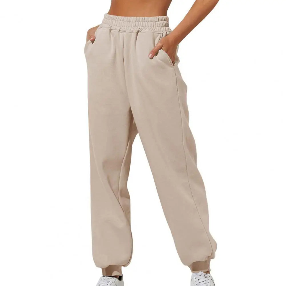 Women Pants High Elastic Waist Solid Color Casual Pants Soft Warm Pockets Loose Spring Fall Sweatpants Jogging Trousers 여성용 긴 바지