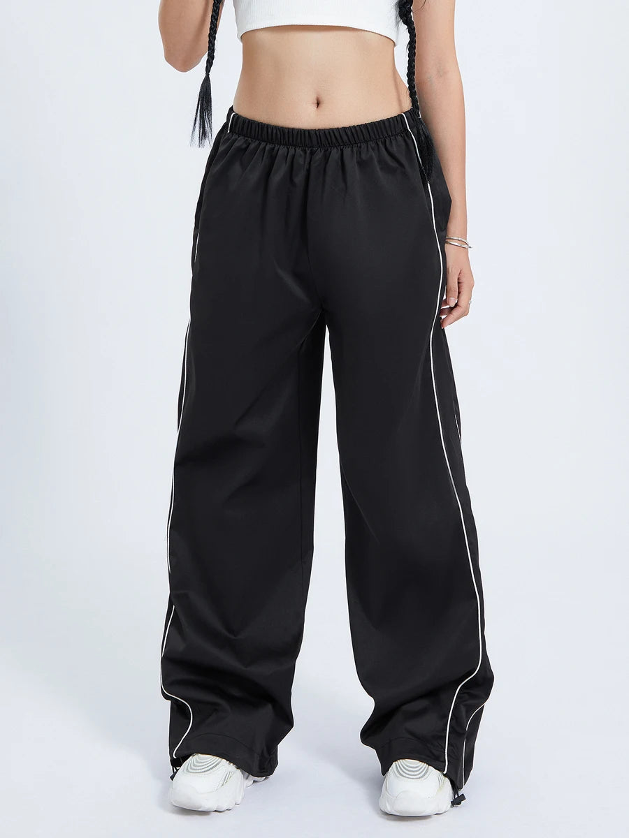 Women Loose Cargo Pants Casual y2k Solid Color Black Elastic Waist Wide Leg Joggers Trousers with Pockets for 2000s Streetwear