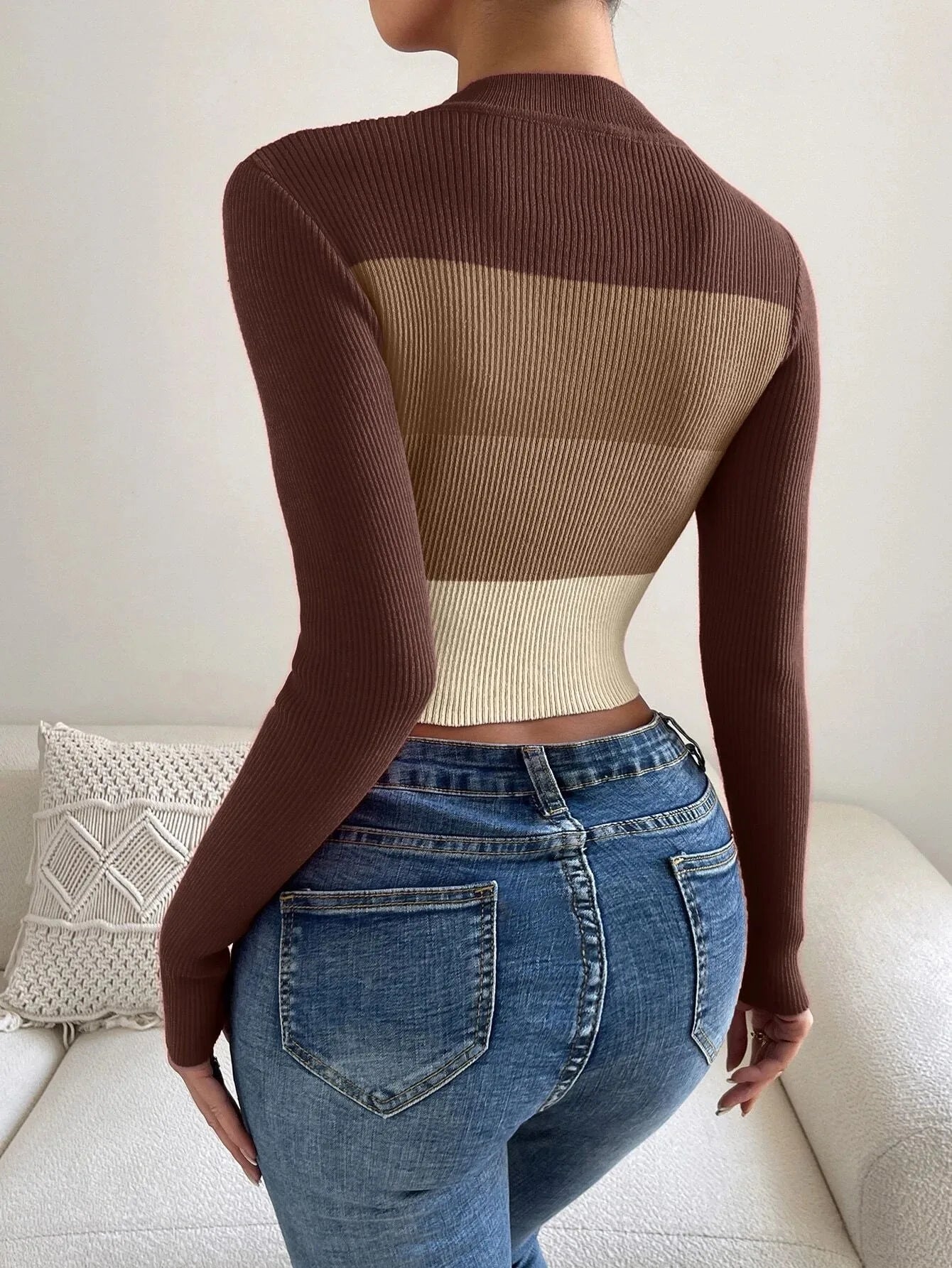Winter To Spring Women Crop Colorblock Turtleneck Ribbed Long Sleeve Pull Sweater Femme Knitwear Jumper Outfits Pullovers