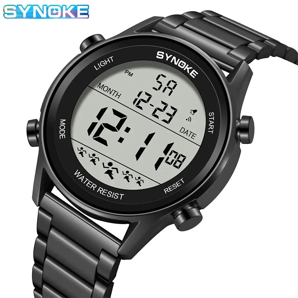 SYNOKE Top Luxury Stainless Steel Strap Sport Watches Mens Waterproof Back Light Digital Wristwatch Male Alarm