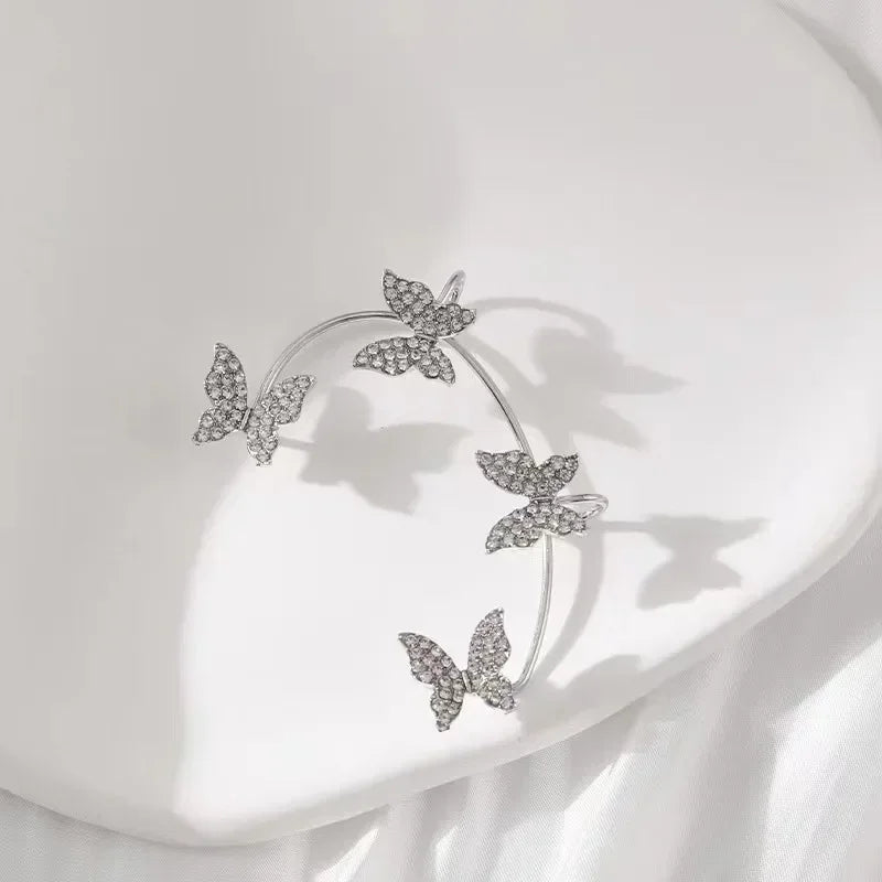 Silver Color Plated Metal Butterfly Ear Clips Without Piercing for Women Sparkling Zircon Ear Cuff Clip Earrings Wedding Jewelry