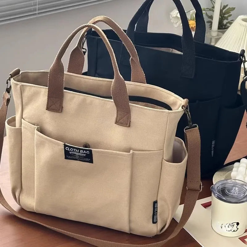 Urban Minimalist Female Student Large Capacity Commuting Horizontal Canvas Single Shoulder Diagonal Cross Portable Eco Bag
