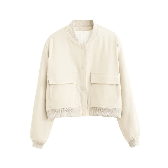 New Spring Bomber Jacket For Women Solid Stand Collar Long Sleeve Racing Jackets Female Fashion Pockets Lady Street Coats Tops