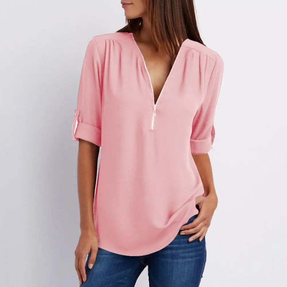 Loose Shirt Blouse Casual Solid Color Office Lady Sexy Zipper V Neck Half Sleeve Blouse