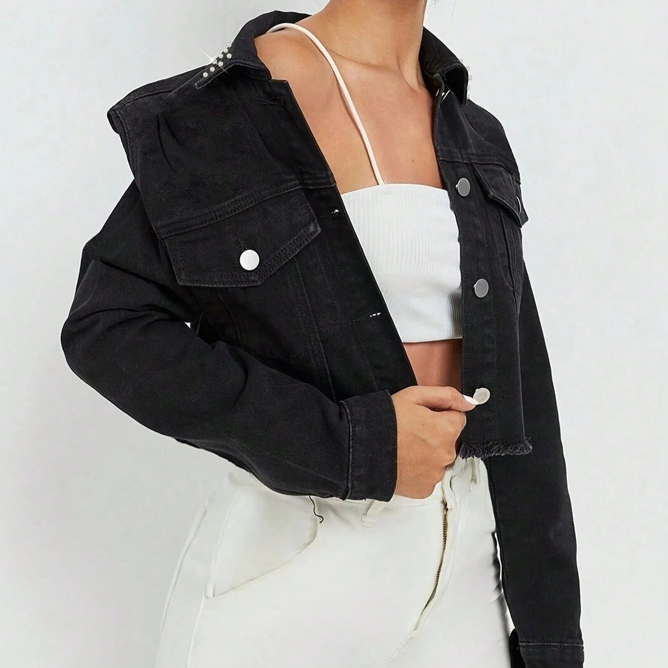 Short Denim Jacket for Women's Clothing Streetwear New Fashion 2024 Autumn Nail Bead Trendy Long Sleeves Top Coats for Female