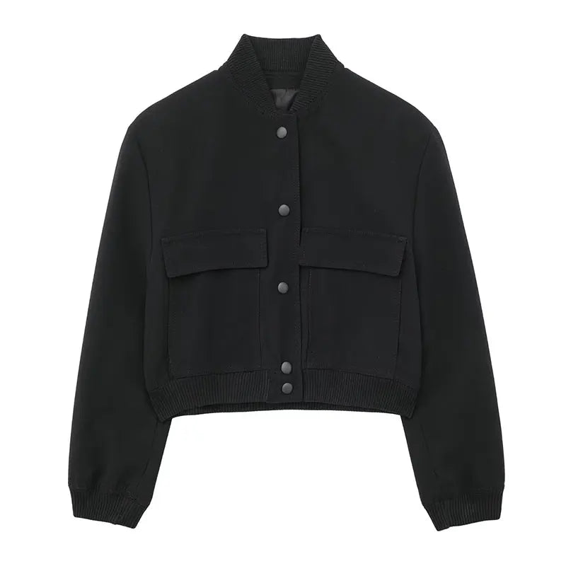 TRAFZA 2024 Woman Solid Bomber Jacket Long Sleeves Loose Single Breasted Cardigan Female Commute Streetwear Women's New In Coat