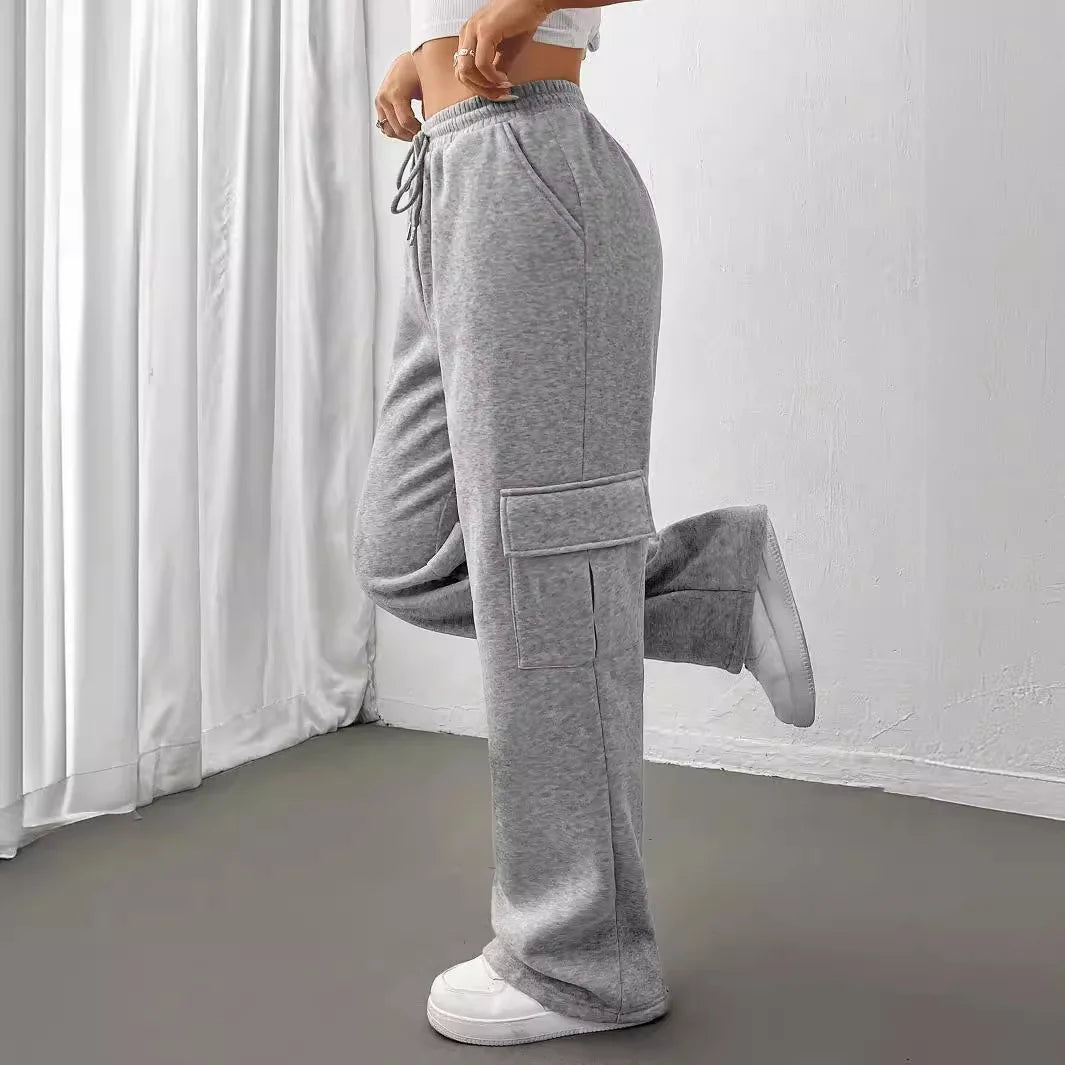 Women Gery Straight Leg Guard Pants Pockets Casual Elastic Waist With Drawstring 2024 Autumn Spring Black Trousers Pantalon