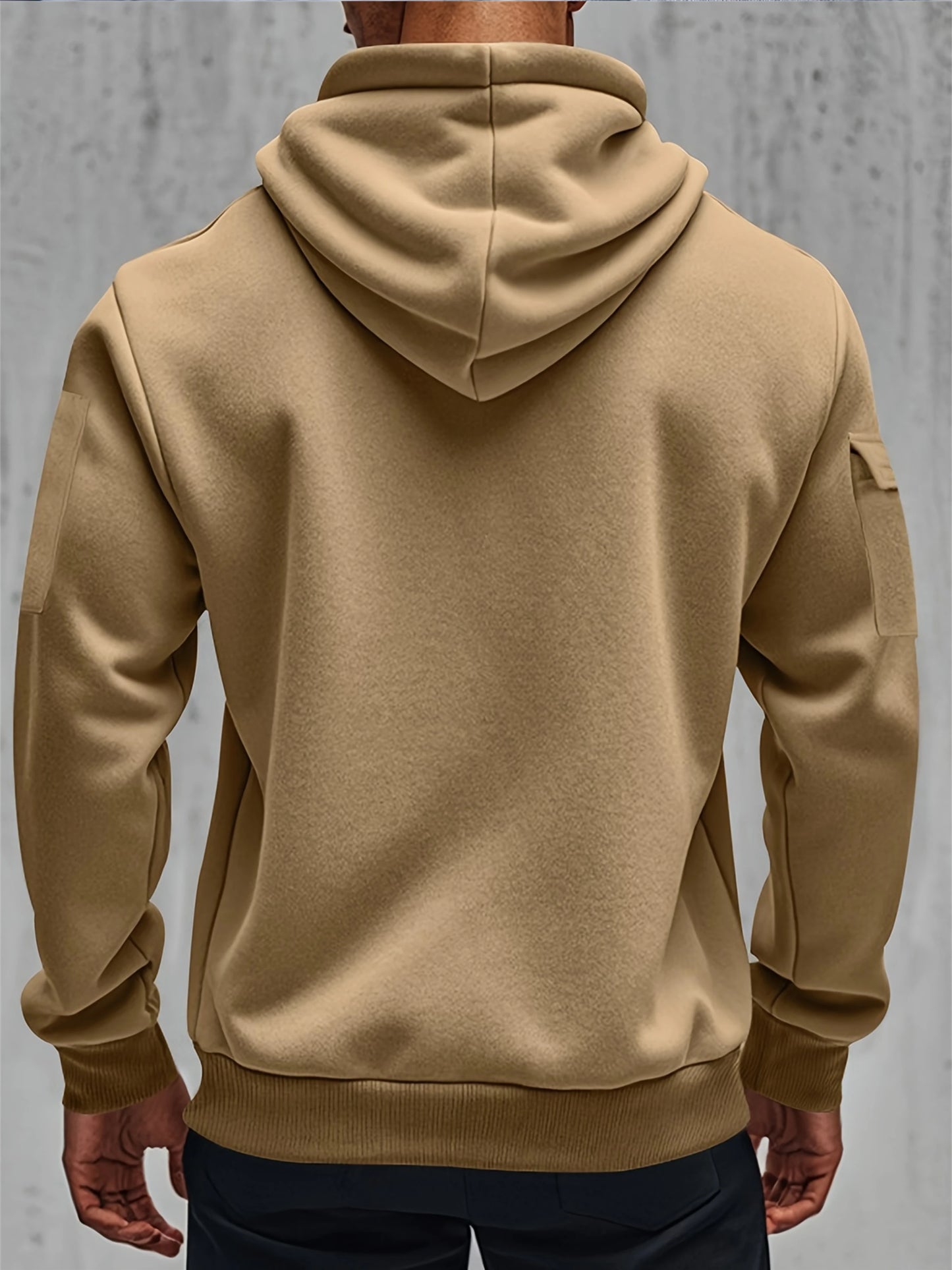 Men's casual sports hoodie, spring and autumn fashion arm pocket pull rope hooded solid color loose long-sleeved blouse pullover