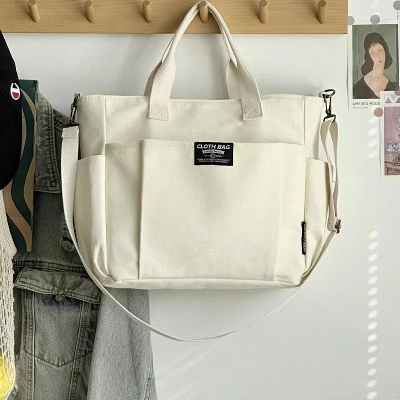 Urban Minimalist Female Student Large Capacity Commuting Horizontal Canvas Single Shoulder Diagonal Cross Portable Eco Bag