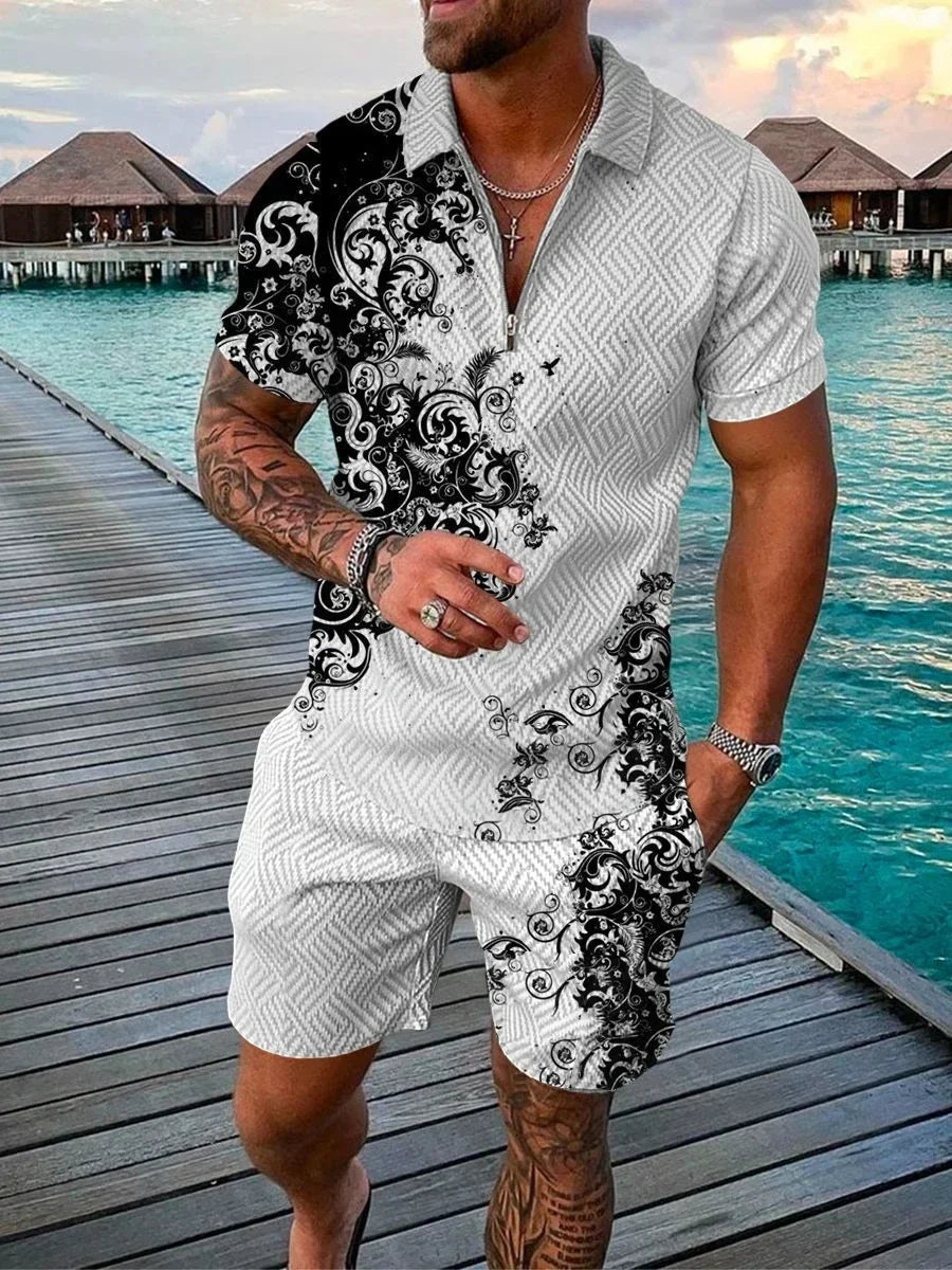 Trendy Bohemian Geometric Style 3D Printed Men's Polo Shirt Set Zipper Polo Shirt Set Zipper Collar + Shorts 2 Pieces Hawaii Hol