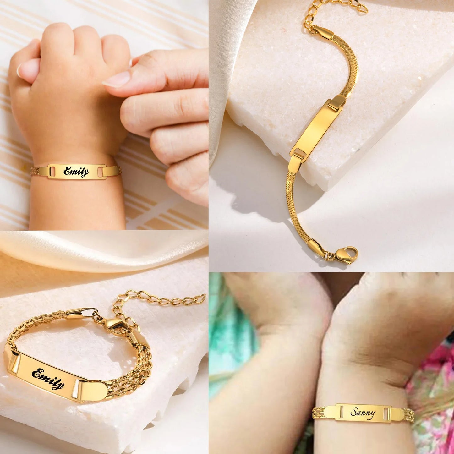 Personalized Bracelet for Little Boy Girl,Stainless Steel Engraved Name Date Son Daughter Mom Baptism Gift