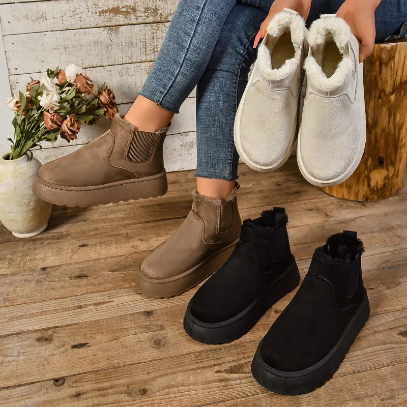 2024 Winter Women Short Plush Warm Snow Boots Casual Shoes New Suede Fur Chelsea Ankle Boots Flats Platform Ladies Shoes Botas