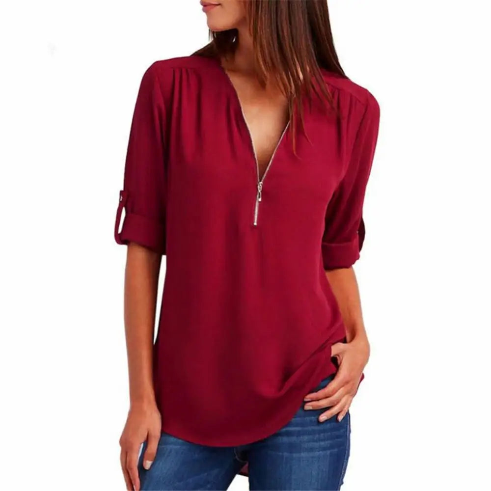 Loose Shirt Blouse Casual Solid Color Office Lady Sexy Zipper V Neck Half Sleeve Blouse