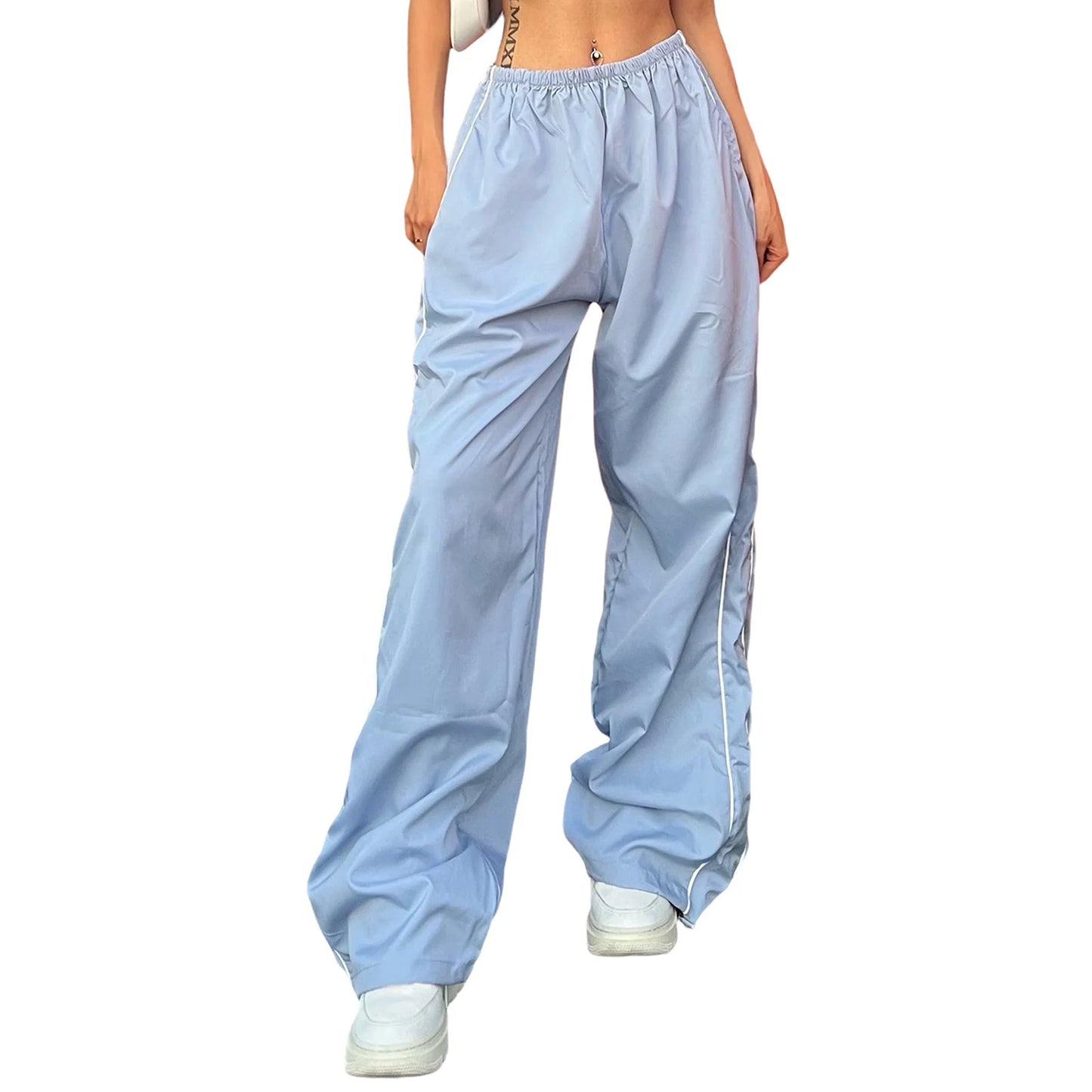 Women Loose Cargo Pants Casual y2k Solid Color Black Elastic Waist Wide Leg Joggers Trousers with Pockets for 2000s Streetwear