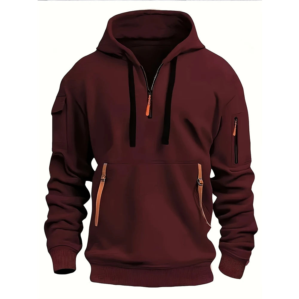 Men's casual sports hoodie, spring and autumn fashion arm pocket pull rope hooded solid color loose long-sleeved blouse pullover