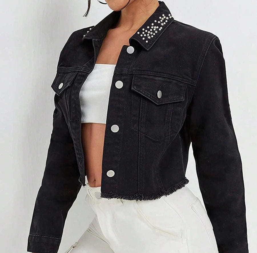Short Denim Jacket for Women's Clothing Streetwear New Fashion 2024 Autumn Nail Bead Trendy Long Sleeves Top Coats for Female