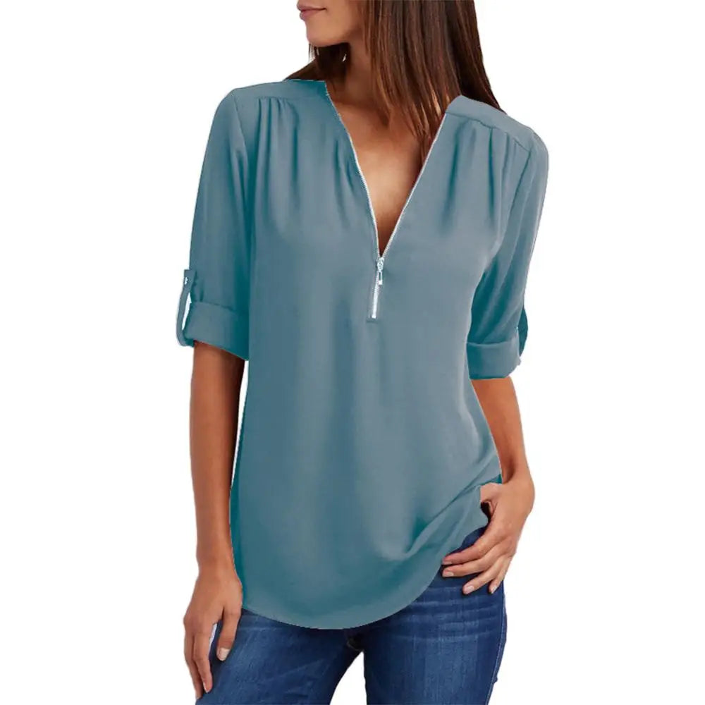 Loose Shirt Blouse Casual Solid Color Office Lady Sexy Zipper V Neck Half Sleeve Blouse