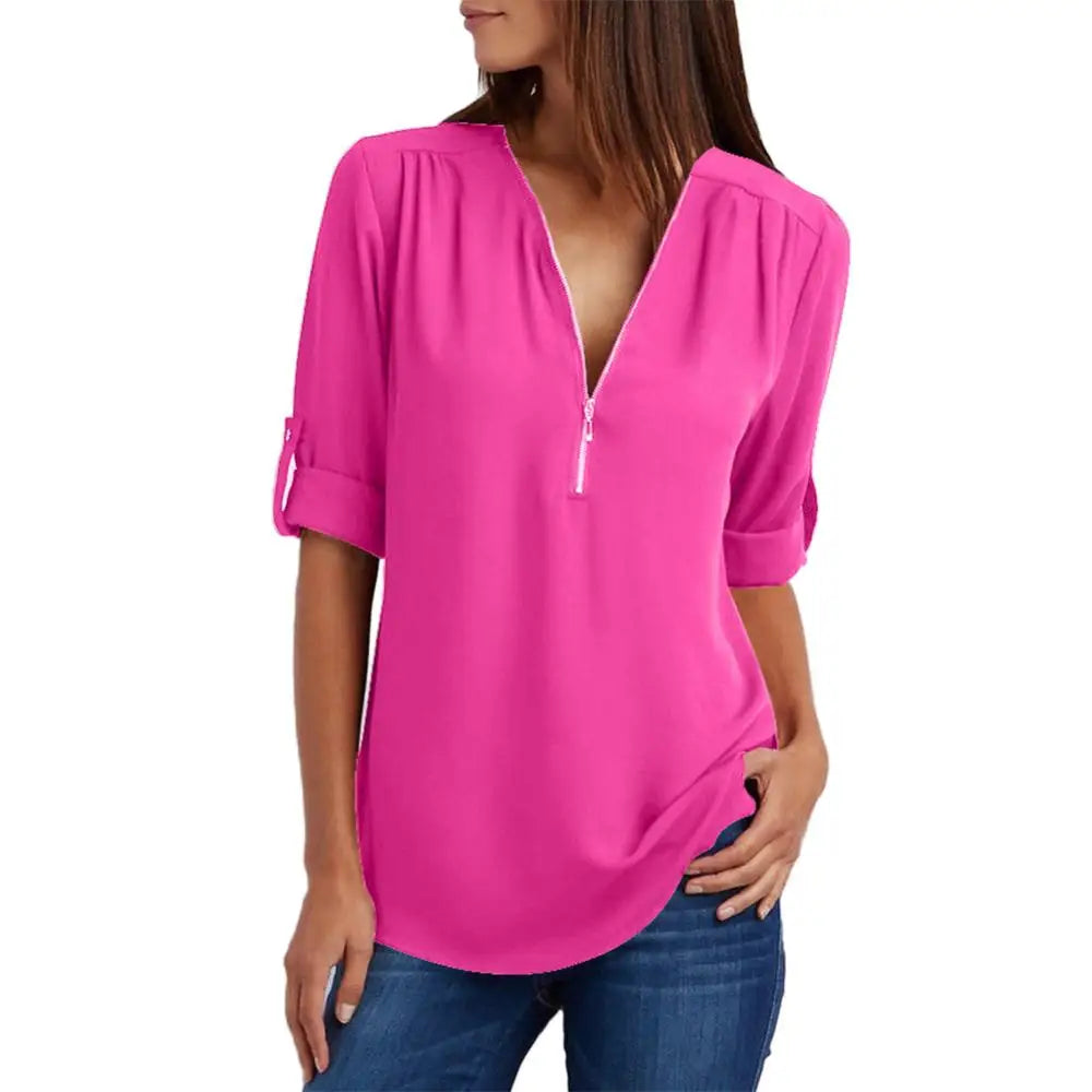 Loose Shirt Blouse Casual Solid Color Office Lady Sexy Zipper V Neck Half Sleeve Blouse