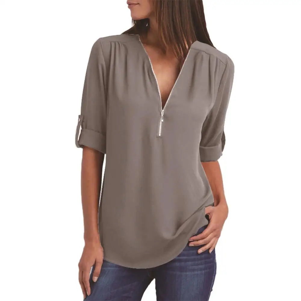 Loose Shirt Blouse Casual Solid Color Office Lady Sexy Zipper V Neck Half Sleeve Blouse