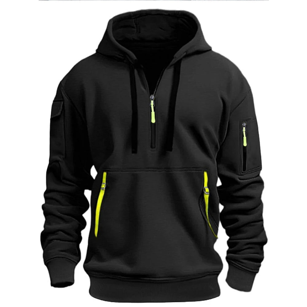 Men's casual sports hoodie, spring and autumn fashion arm pocket pull rope hooded solid color loose long-sleeved blouse pullover