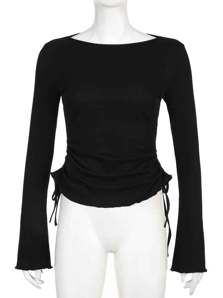 IAMSURE Elegant Fashion Drawstring Folds T Shirt Slim Solid O-Neck Long Sleeve Tees Women 2023 Autumn Winter Ladies Streetwear