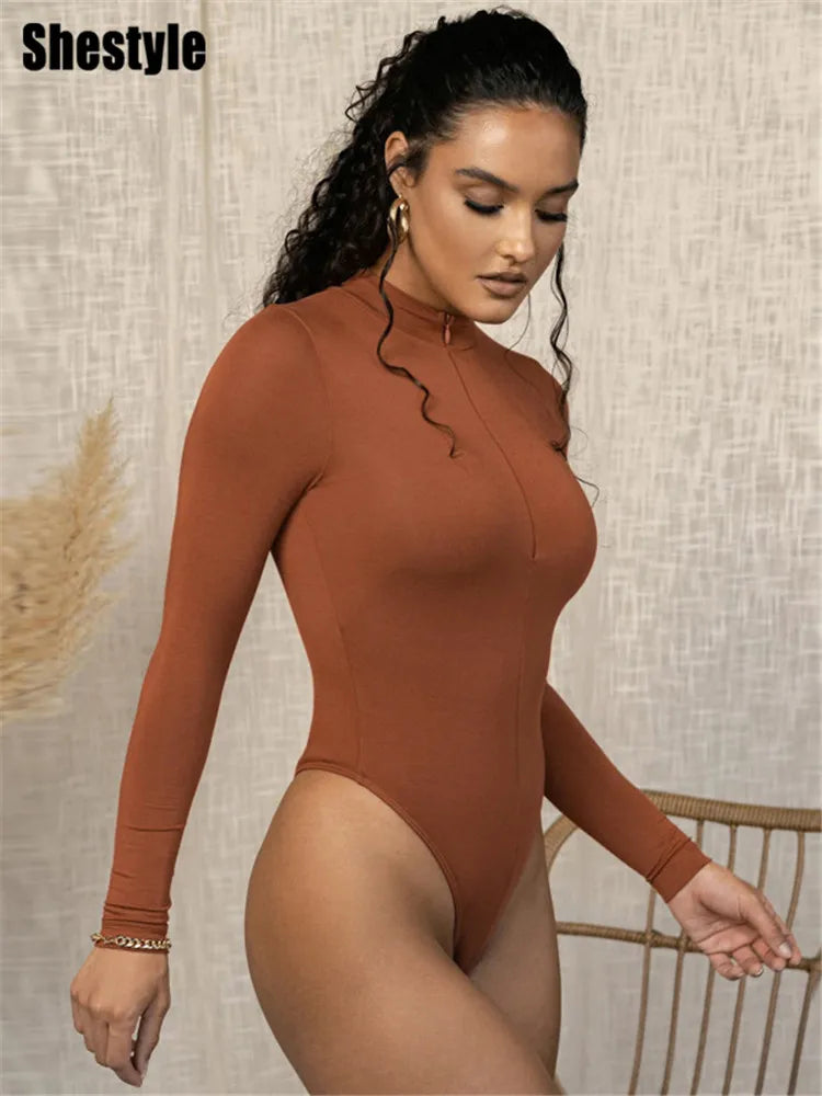 Shestyle Solid Zipper Bodycon Bodysuits Women Sexy Mock Neck Autumn Long Sleeve Fashion Slim Basic Body Winter Gray Outfits Lady