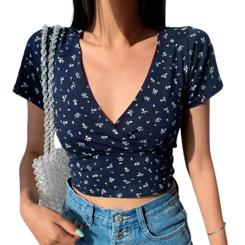 Women Blouse Retro Slim V Neck Tee Shirt Summer Top With Small Flower Print Waist-exposed Pullover Blouse