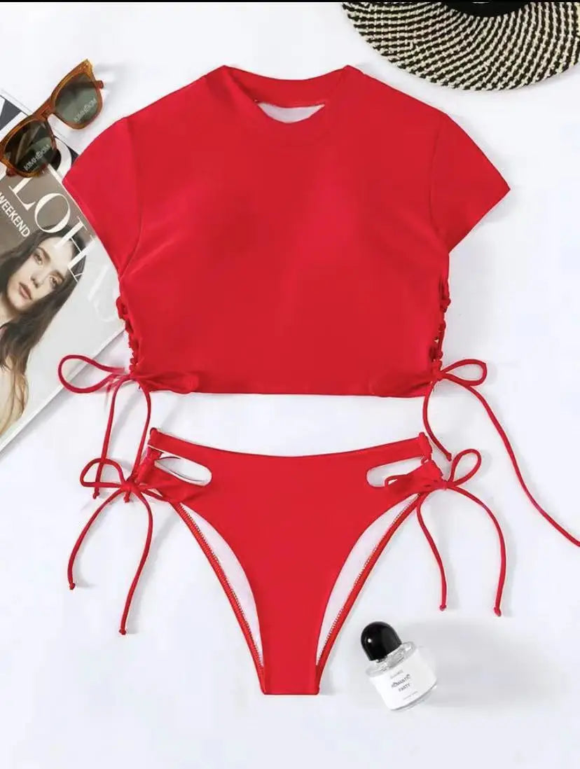 High Neck Bikini 2025 Women Swimsuit Solid Drawstring Swimwear Female Beachwear Bathers Bathing Swimming Suit Summer