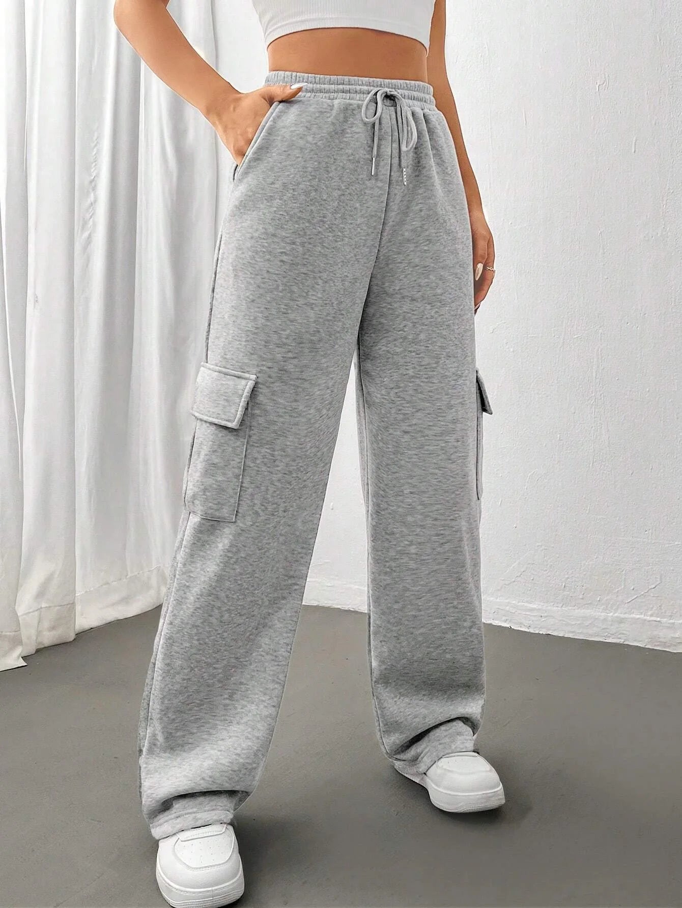 Women Gery Straight Leg Guard Pants Pockets Casual Elastic Waist With Drawstring 2024 Autumn Spring Black Trousers Pantalon