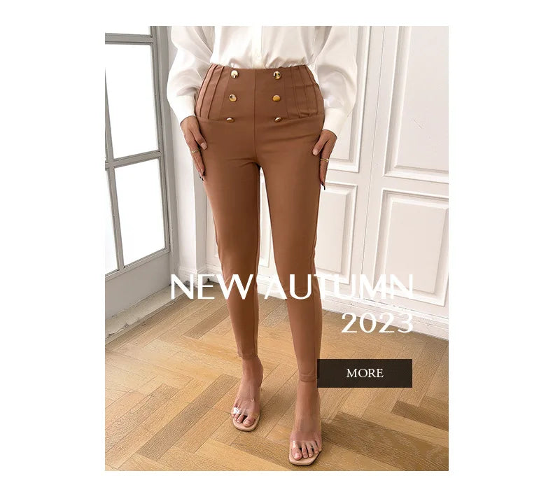 Casual Women's Pants 2024 Spring and Summer Solid Button Design High Waist Slim Fit Daily Y2k Trousers for Female Streetwear