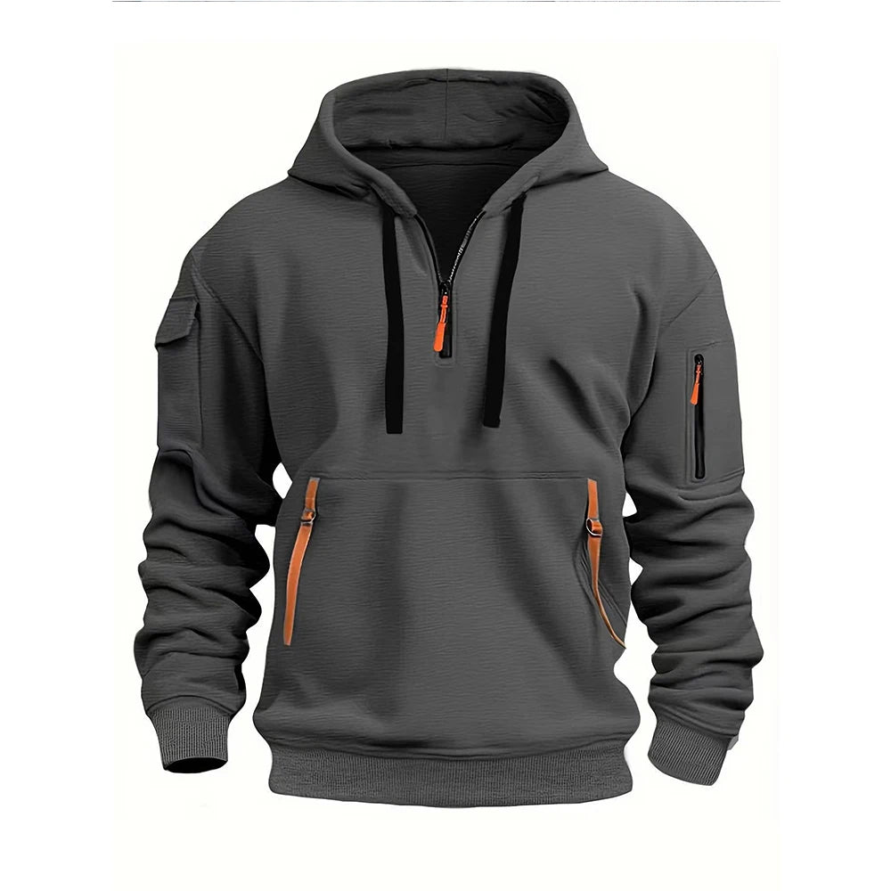 Men's casual sports hoodie, spring and autumn fashion arm pocket pull rope hooded solid color loose long-sleeved blouse pullover