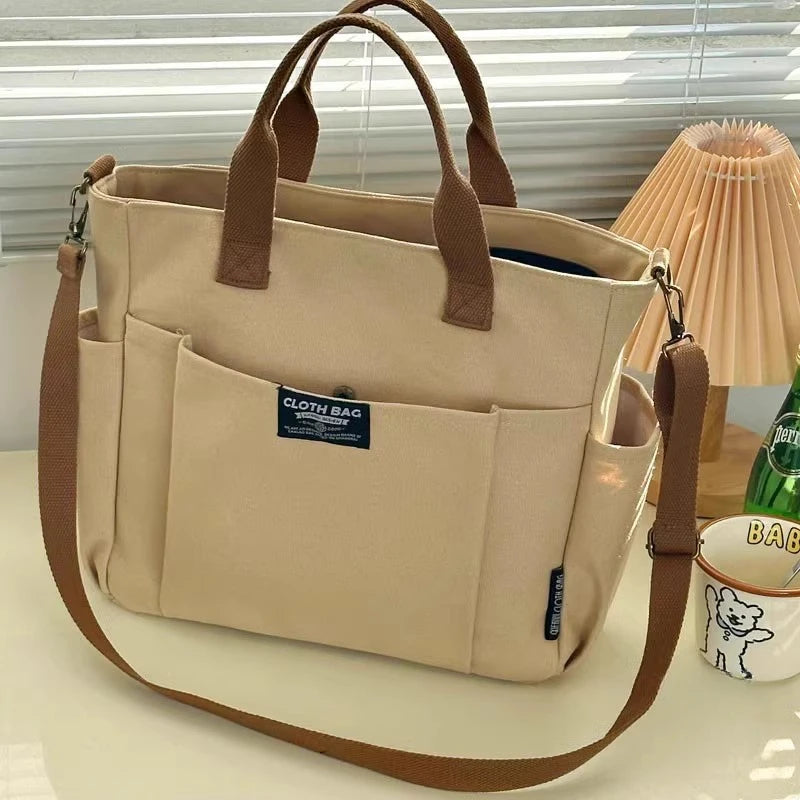 Urban Minimalist Female Student Large Capacity Commuting Horizontal Canvas Single Shoulder Diagonal Cross Portable Eco Bag