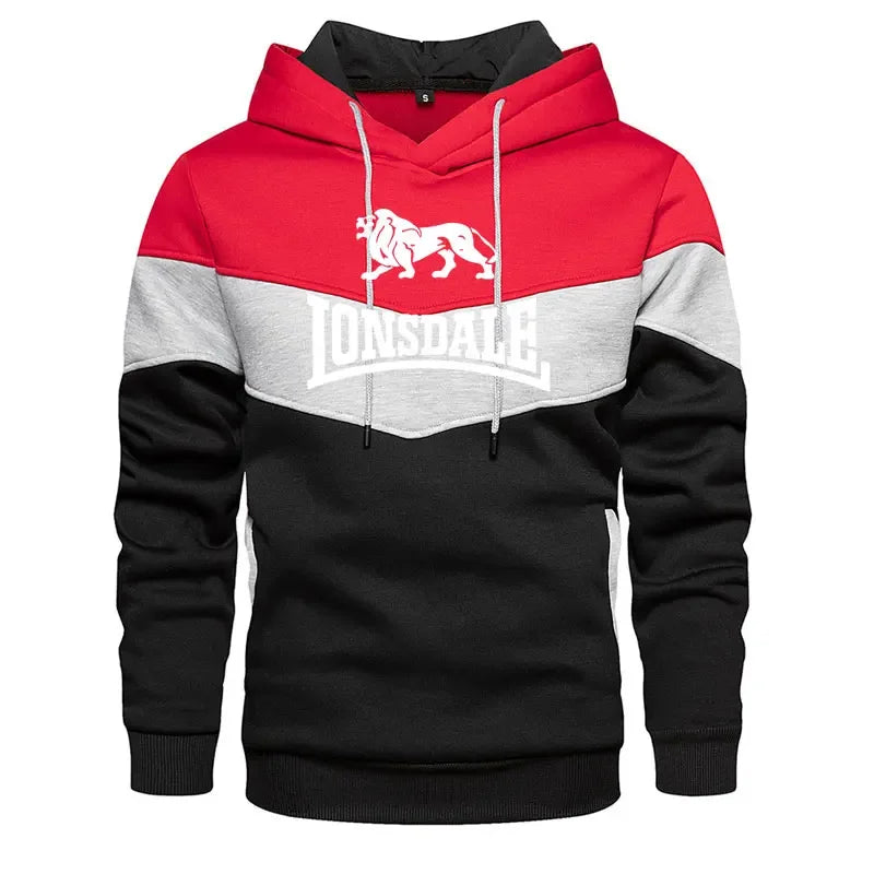 Men's Patchwork Hoodie Outdoor Casual Sportswear Street Fashion Men's Fleece Thermal Hooded Sweatshirt Fall Winter Black