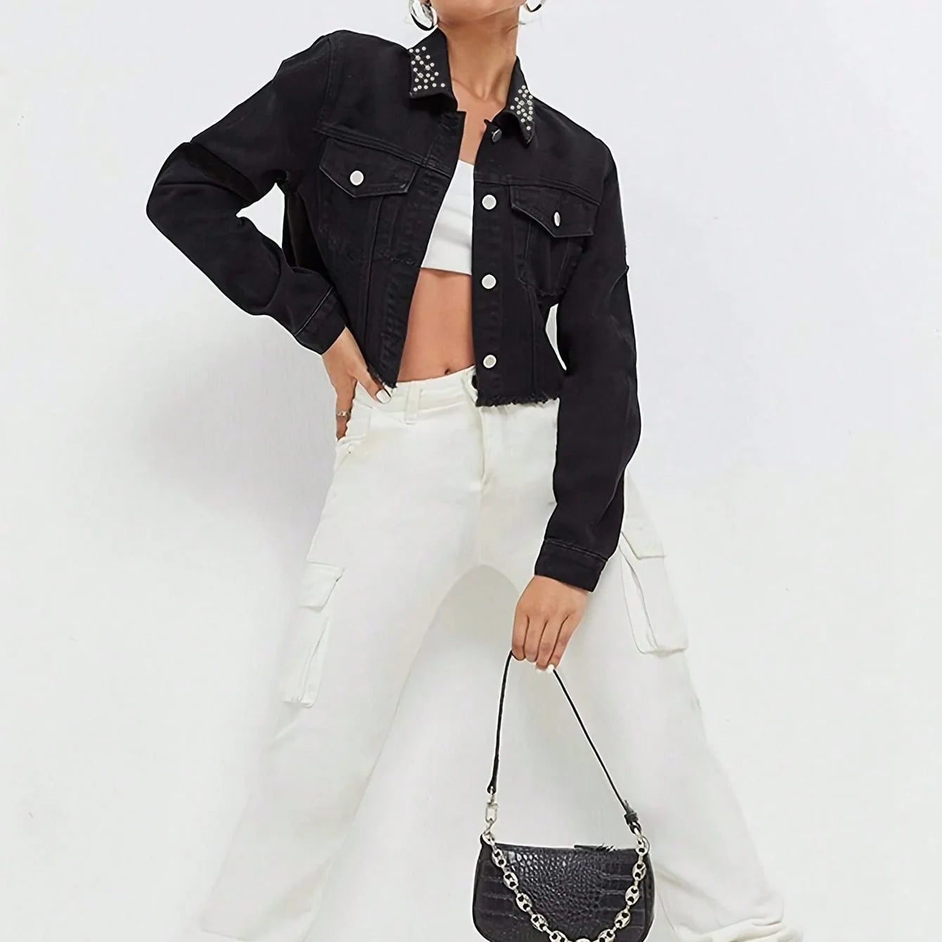 Short Denim Jacket for Women's Clothing Streetwear New Fashion 2024 Autumn Nail Bead Trendy Long Sleeves Top Coats for Female